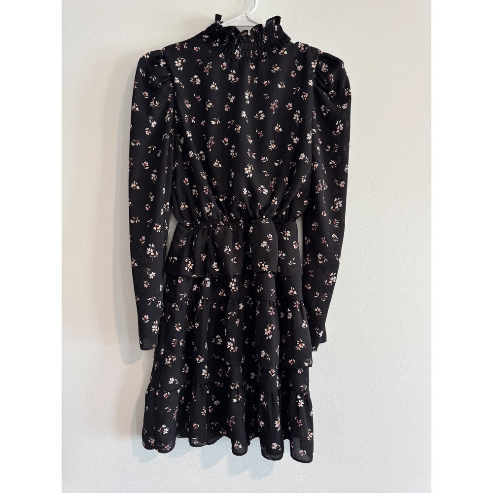 Love Ady Floral Tiered Mini Dress Womens XS Black Smocked High Neck Cottagecore